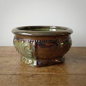 MCM Ceramic Planter 9.25" Gunmetal Bronze Metallic Green Leaf Centerpiece Bowl